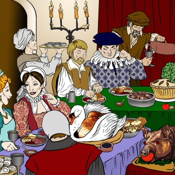Detailed, realistic line drawing from a middle grade childrens book about Elizabethan England showing nobles eating at a fancy banquet by award-winning children’s book illustrator Paula Tabor