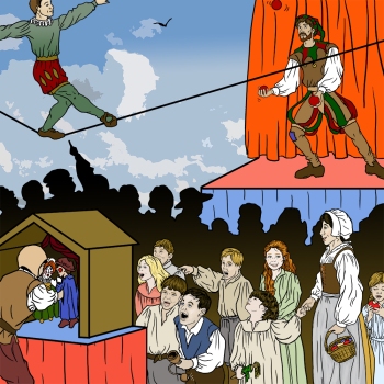 Detailed, realistic line drawing from a middle grade childrens book about Elizabethan England showing activities at a fair by award-winning children’s book illustrator Paula Tabor