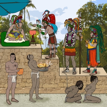 Detailed, realistic line drawing from a middle grade childrens book about the Mayan Empire showing the Mayan class structure from slave to emperor by award-winning children’s book illustrator Paula Tabor