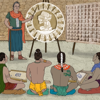 Detailed, realistic line drawing from a middle grade childrens book about the Mayan Empire showing an elderly instructor teaching four young noblemen by award-winning children’s book illustrator Paula Tabor