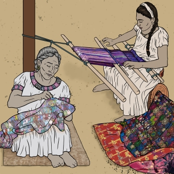 Detailed, realistic line drawing from a middle grade childrens book about the Mayan Empire showing a textile arts by award-winning children’s book illustrator Paula Tabor