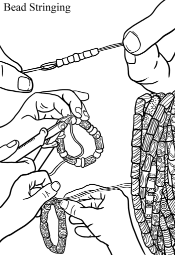 Detailed, realistic line drawing from a coloring book about the art of recycled glass beads by award-winning children’s book illustrator Paula Tabor showing a line drawing of hands stringing beads.