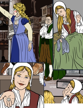 Detailed, realistic line drawing from a middle grade childrens book about Elizabethan England showing consistancy of character illustrations in several different illustrations by award-winning children’s book illustrator Paula Tabor