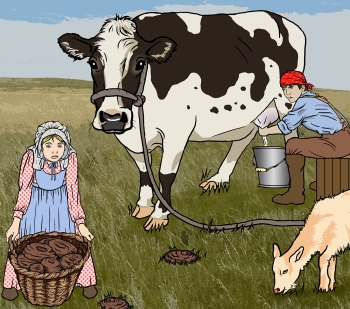 Detailed, realistic line drawing from a middle grade childrens book about the American West showing pioneer children doing common chores on the Oregon Trail by award-winning children’s book illustrator Paula Tabor