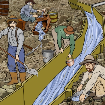Detailed, realistic line drawing from a middle grade childrens book about the American West showing Gold Rush Miners by award-winning children’s book illustrator Paula Tabor