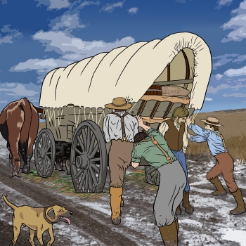 Detailed, realistic line drawing from a middle grade childrens book about the American West showing a pioneer men and animals trying to get a Conestoga wagon out of the mud of the Oregon Trail by award-winning children’s book illustrator Paula Tabor