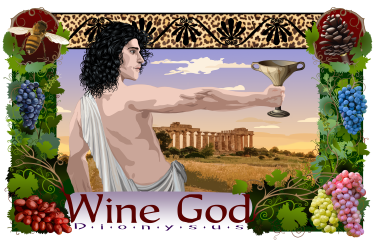 Dionysus thrusts fort a ceramic goblet. The ruins of a Greek temple are behind him and surrounding all is an intricate border of grapes and symbols from his mythology.