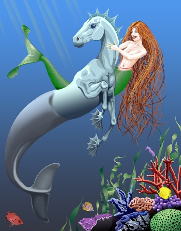 A book and poster illustration of a mermaid and a hippocampus, a sea horse, with a coral reef in the backgrounds