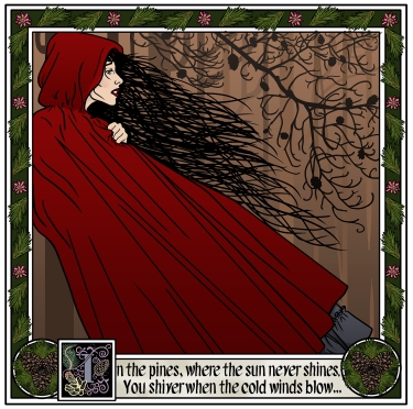 Book and poster illustration of a woman in a windblown maroon cloak, pine branches in the background, a decorative border and hand-lettered exerpt from an Appalachian folk song.