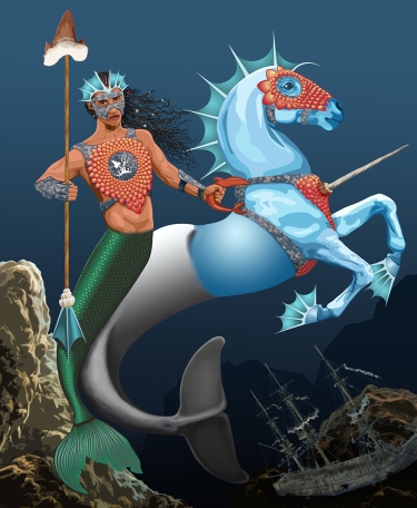 Book and poster illustration of a merman wearing dragon scale and seal skin armor holding a shark tooth spear next to an armored hippocampus, a large sea horse with a spiny mane, fins for hooves and a dolphin tail with a shipwreck below.