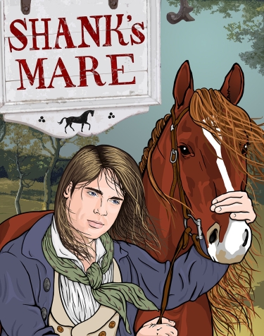Book and poster illustration of a man in 18th century dress leading a brown horse under an inn sign that says "Shanks Mare"