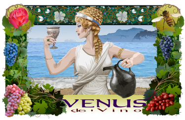 Decorative illustration of ancient Roman love goddess Venus holding a wine pitcher and goblet with a border of grapes and symbols of her mythology.