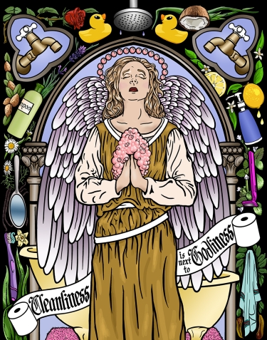 Book and poster illustration of the Angel of Cleanliness with a border of bathroom images and soap botanicals.