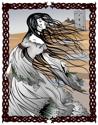 Illustration of a banshee on an Irish moor with her hair blowing in the wind.