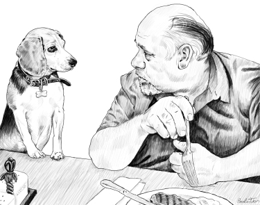 Digitallly created book and poster illustration in penciil style of a man looking up from a steak dinner at a dog begging at his table.