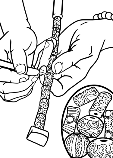 Book and poster illustration from a coloring book about the art of recycled glass bead making showing hands painting bead.s