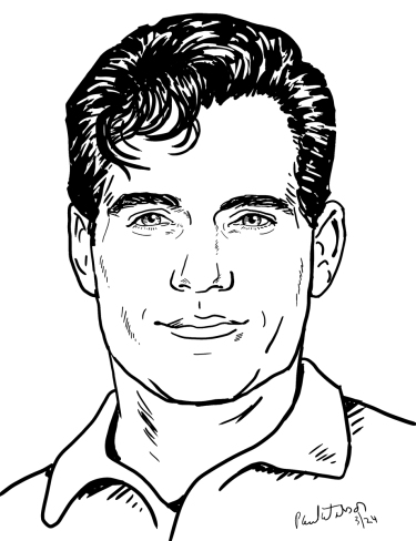 Custom digital portrait art, a black and white line drawing actor of Henry Cavill.