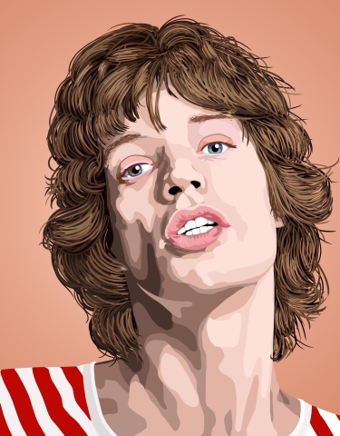 Stylized custom digital portrait art of 70s Mick Jagger with a peach gradient background.