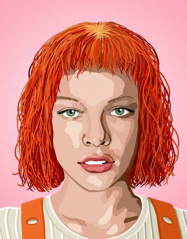 Stylized custom digital portrait art of Milla Jovovich with 90s Fith Element hair and costume with a pale pink background.