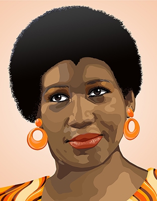 Stylized custom digital portrait art of Aretha Franklin with 70s hair, jewelry and clothing with a pale peach background.