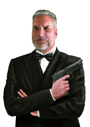 Custom digital portrait art digitally painted with Krita for book back cover of an older man in a tuxedo holding a pistol.