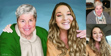 Custom digital portrait art, showing a grandmother and granddaughter and the two photos it was created from, digitally painted with Krita software.