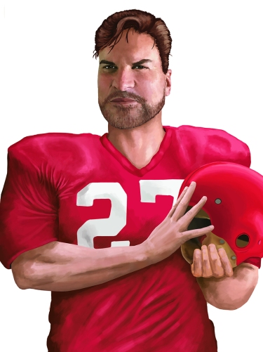 Custom digital portrait art digitally painted with Krita for book front cover of an younger man in a football uniform holding a helmet.
