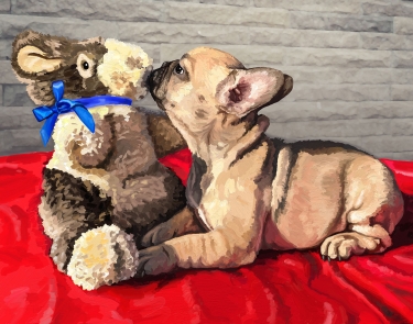Custom digital pet portrait of a yellow French Bulldog and with a stuffed bunny toy with a blue ribbon.