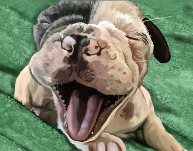 Digital painting of a French Bulldog puppy yawning or laughing with a green background.