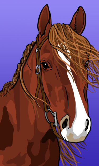 A stylized portrait of a brown horse's head on a blue background with flowing mane and a white blaze down its face.
