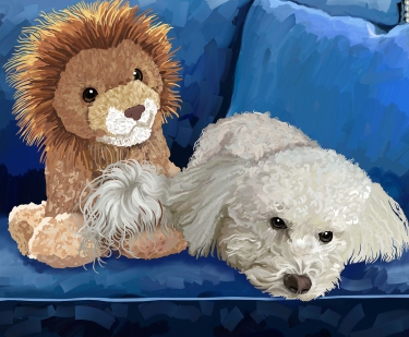 Custom digital pet portrait of a white poodle lying on a blue couch next to a stuffed lion toy.