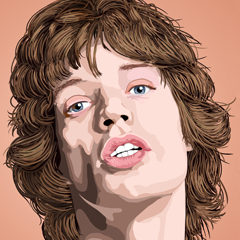 Digital stylized portrait of 70s Mick Jagger with a peach background. Custom Digital Illustration and Portraits